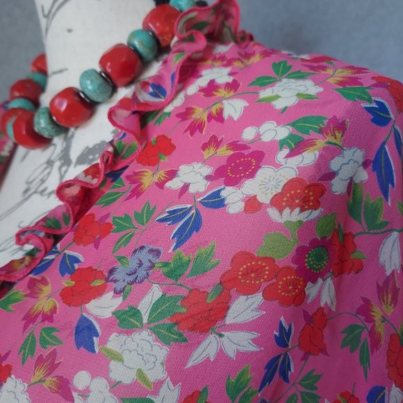 JOSIE Natori Chiffon Floral Ruffle Kimono Mini Robe Tie-Waist Pink Women Small - Picture 2 of 9
